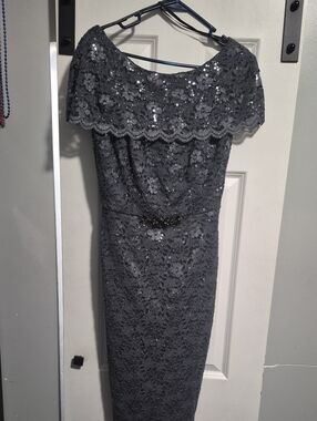 Lace Sequin Midi Dress in Charcoal Gray